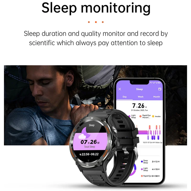 Sports Smartwatch for Men Bluetooth Call Ultra Powerful Flashlight Compass 3ATM Deep Waterproof Voice Assistant for Android IOS