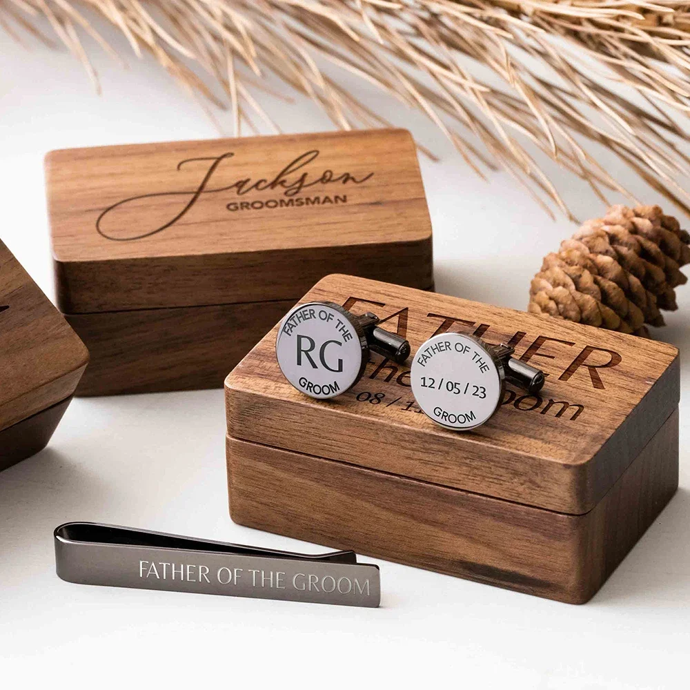 Metal Cufflinks Tie Clip Rectangle Gift Box Engraved Gift For Dad and Groomsmen Personalized Best Man Cufflinks Set