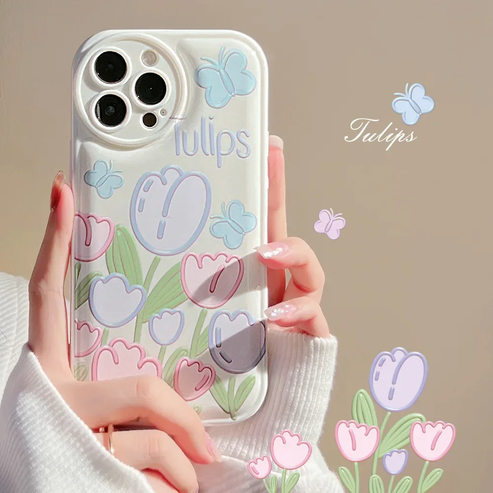 Sweet Summer Tulip Flower Art Cream White Girls Phone Case Per Iphone 14 13 11 12 Pro Max Xs Max Xr 7 8 14 Plus Custodia Cute Cover