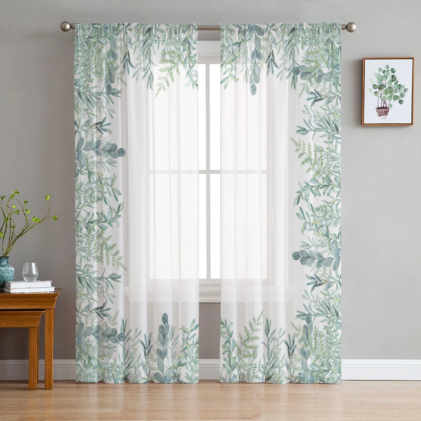 

Watercolor Eucalyptus Leaf Plant Tulle Voile Curtains For Bedroom Window Curtain For Living Room Sheer Curtains Organza Drapes
