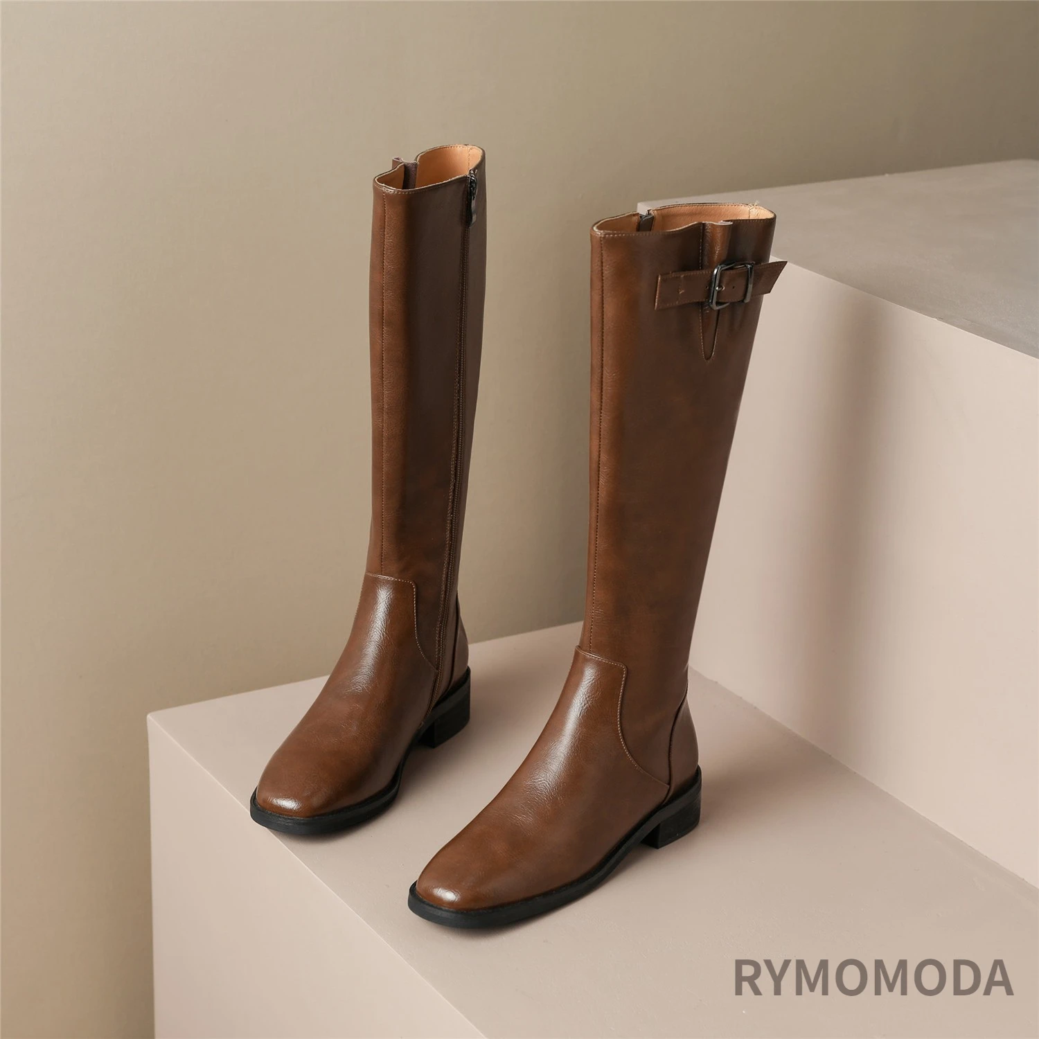 Women Knee High Boots 2026 Luxury Split Cow Genuine Leather Brown Black ZIP Low Block Heel High Quality Long Boot Handmade Shoe