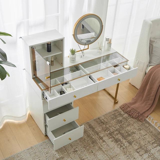 KOMHTOM LED Lighted Mirror Transparent Toughened Glass Tabletop Set