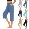 Women'S Cropped Pants Summer Casual Pants With Pockets Elastic Trousers Soft Breathable Trousers Women'S Clothes 1