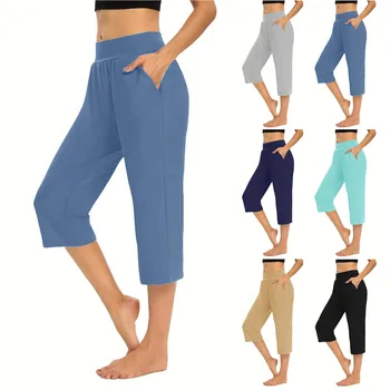 Women'S Cropped Pants Summer Casual Pants With Pockets Elastic Trousers Soft Breathable Trousers Women'S Clothes 1