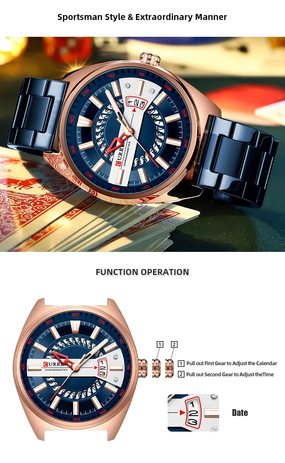 Relógio esportivo casual masculino de pulso azul de aço inoxidável com data automática de quartzo à prova d'água_voghion.com