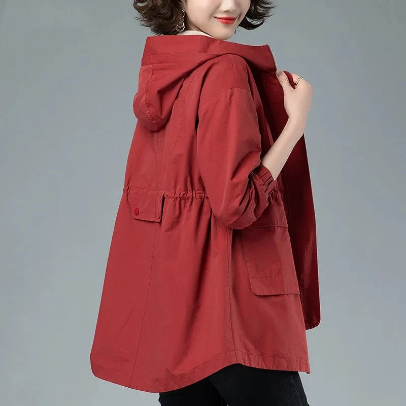 

Spring and Autumn 2024 Women's Short Trench Coat Hooded Zipper Tie-in Jackets British Style Loose Coats Women's Clothing