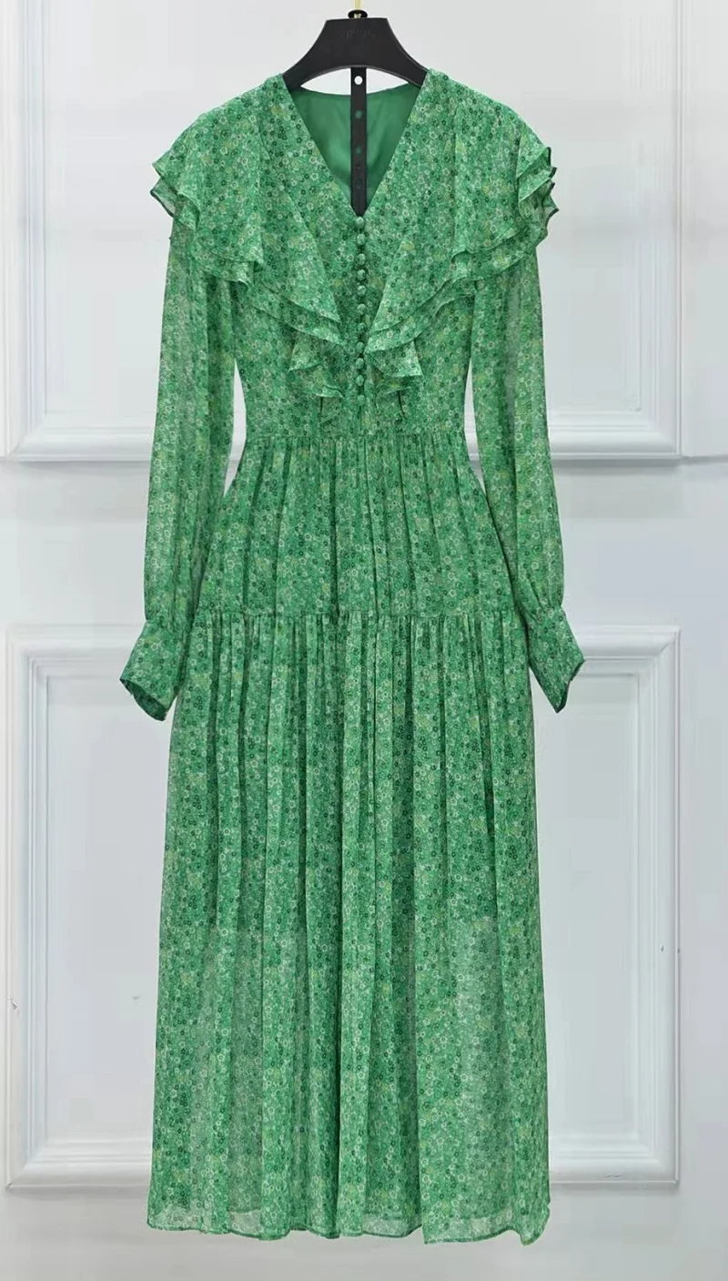 

3xl 2xl xl size Women's Dress 2023 Spring Summer Style Women V-Neck Exquisite Floral Prints Tunic Button Long Sleeve Green Dress