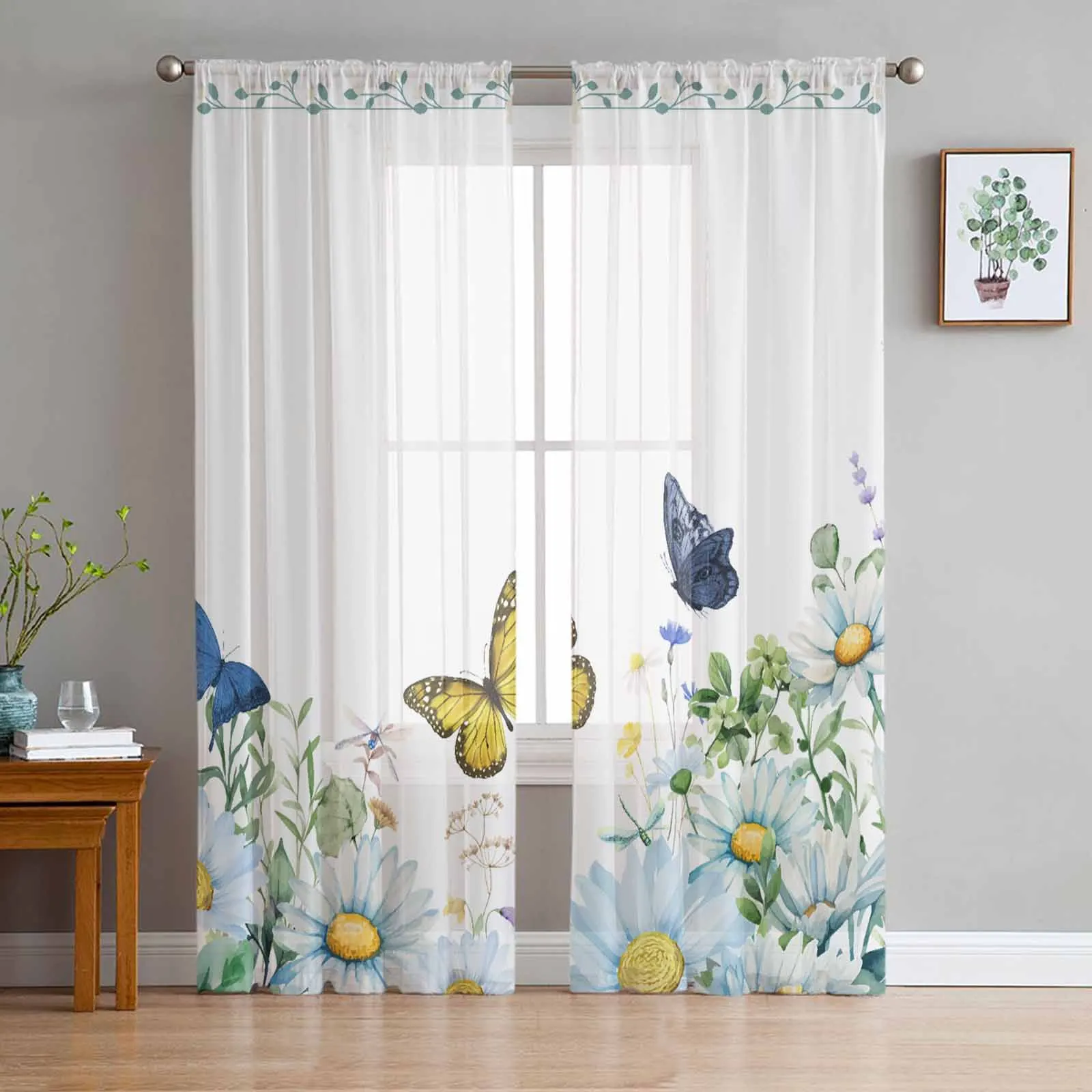 

Watercolor Flowers Plants Butterflies Tulle Voile Curtains for Bedroom Living Room Window Curtain Sheer Curtains Organza Drapes