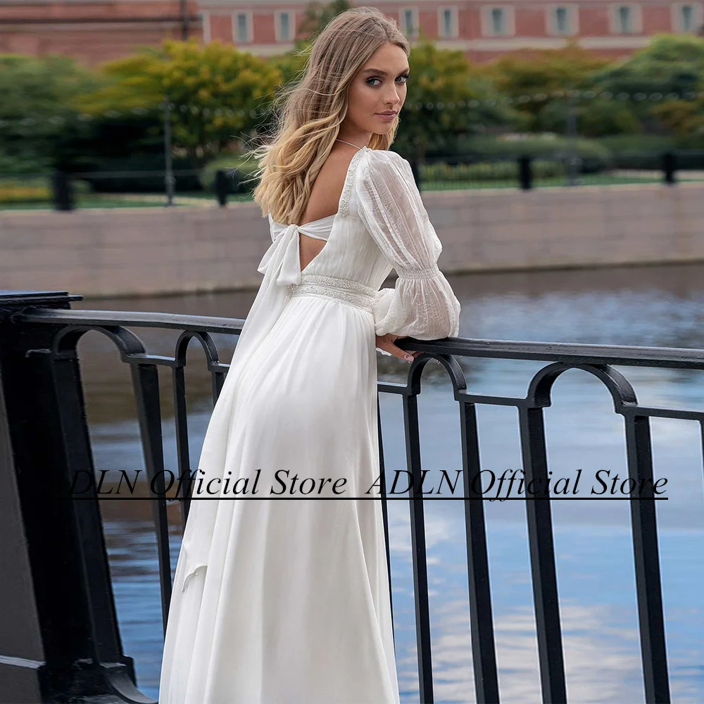 ADLN High Quality Beach Wedding Dresses Square Neck Puff Slevees Beading Pearl Sweep Train Chiffon Boho Bridal Gown Robe Mariage 4
