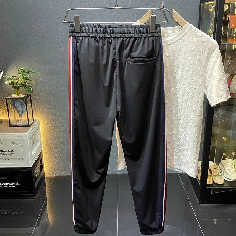 Embroidered Ice Silk Boyfriend 2024 Summer Thin Patchwork Elasticized High Waited Pocket Drawstring Fashion Sports Casual Pants