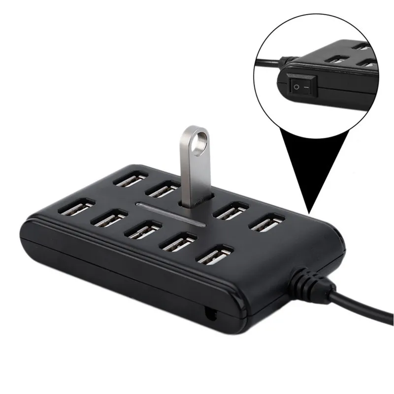 USB2.0 HUB 10 Ports Cable Splitter Switch Power USB Disk Card Reader Extender Mouse Keybard Converter Phone Charging Dock Combo