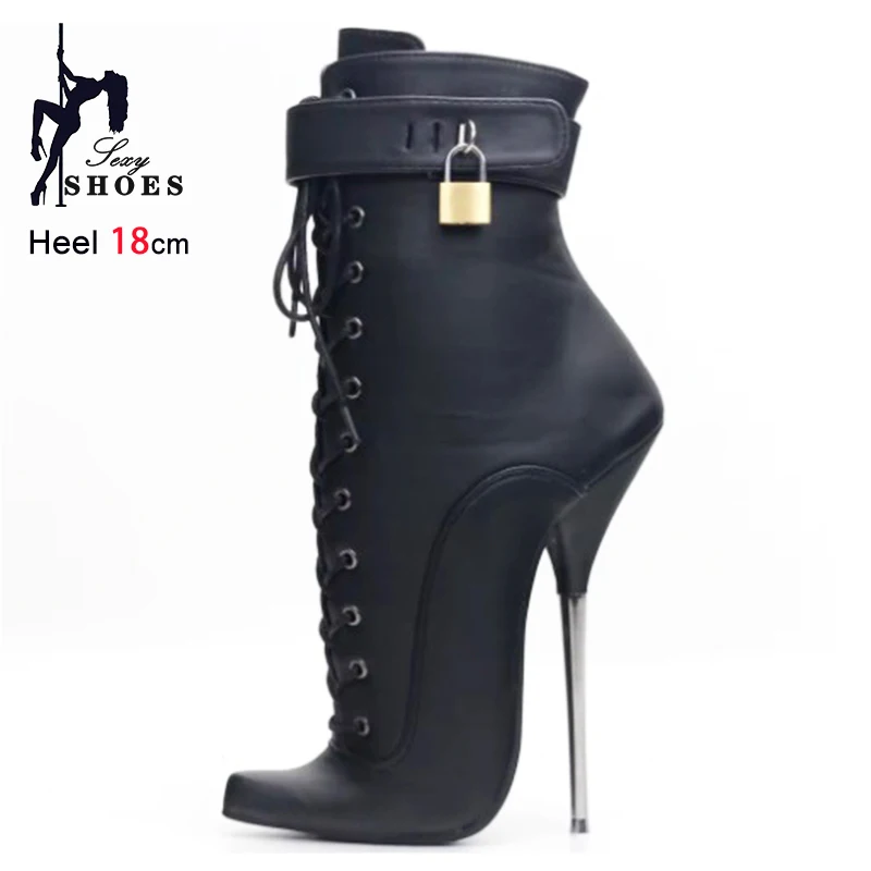 Black Ankle Boots 2025 New Super High Metal Fine Heel 18CM Pointed Lockable Short Boots Women Plus Size 44 45 46 Fetish Shoes