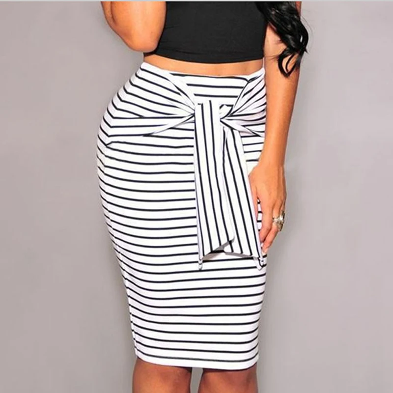 

2023 Summer Women New Striped Pencil Skirt Fashion Sexy Slim Bag Hip Skirt With Sashes High Waist Bag Hip Skirt Hot Sale