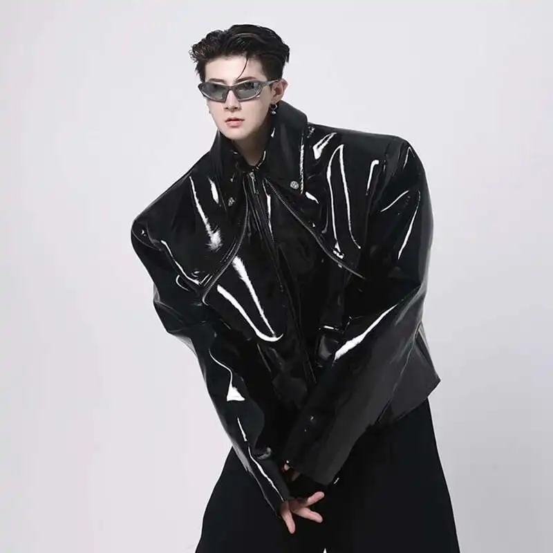 【完売】led.tokyo HIGHNECK SHORT LEATHERCOAT Jhaoyu Mens Shiny Patent Leather Motorcycle Style Crop