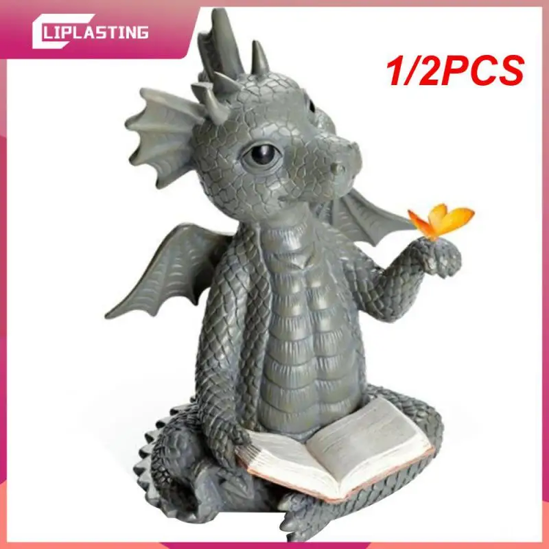 

1/2PCS Cute Little Dragon Dinosaur Meditation Reading Book Sculpture Figure Garden Home Decoration Resin Ornament Outdoor Decor