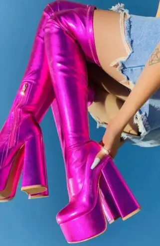 

Hot Pink Shiny Leather Round Toe Platform Hidden Zipper Chunky Heels Over The Knee Boots Women Elastic Punk Thigh Long Botas