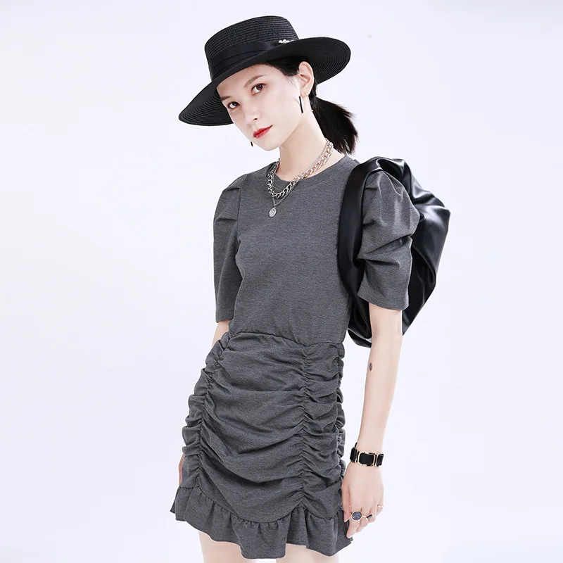 

2023 Gray Cotton Mini Women Dress Fashion Designer Summer Elegant Luxury Ladies Short Sleeve Vintage Minimalist Clothes