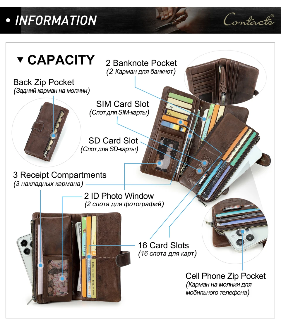 CONTACT'S Echtleder Herren-Geldbörsen RFID Vintage Senior Bankkartenhalter Münzbörsen Geldklammern Reise- und Business-Herrenbrieftaschen – Detail 19