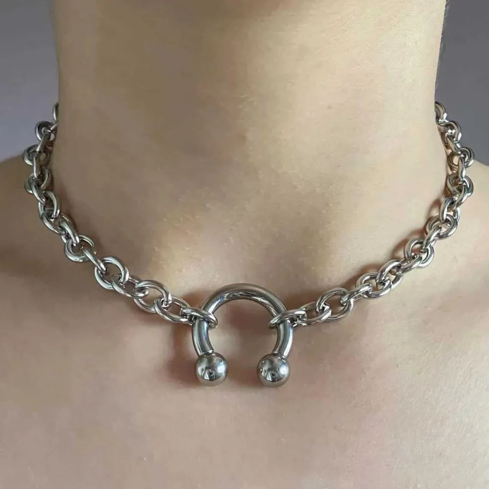 Fashion Punk Nose Clip Necklace Retro Gothic Choker Necklace Thick Round Ring Geometric Chain Rivet Necklace Gifts - 5