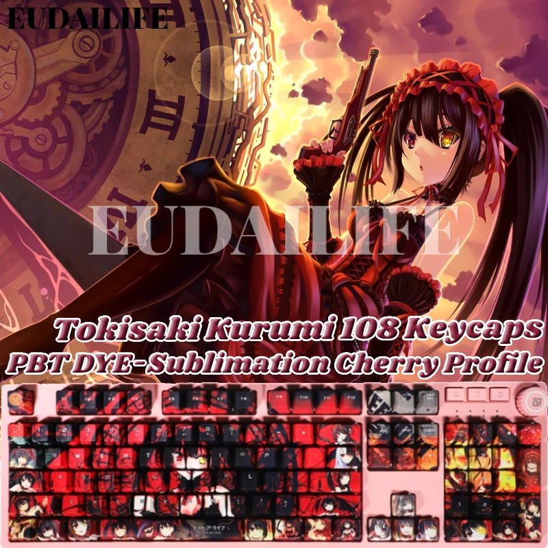 Data um Tokisaki Kurumi 108 Chave Pbt Tintura Sublimação Cereja Perfil mx Cruz Eixo Interruptor Anime Teclado Mecânico
