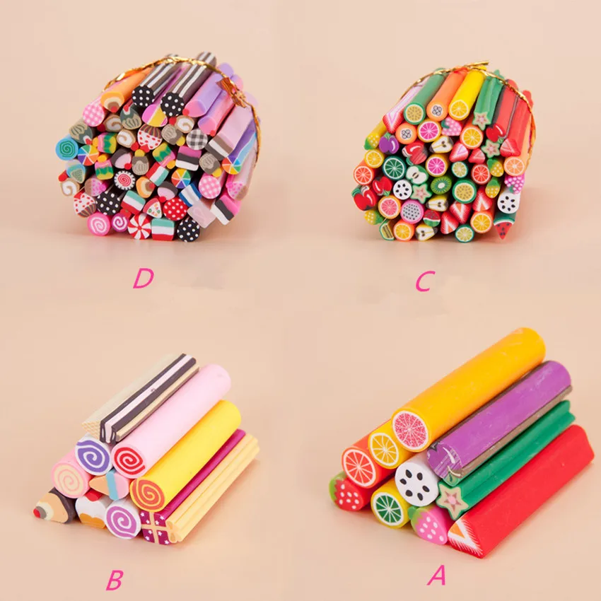50pcs 네일 아트 장식을위한 과일 폴리머 클레이 스틱 매니큐어 소프트 지팡이 막대 스티커 점액 용품 DIY 매니큐어 손톱 조각