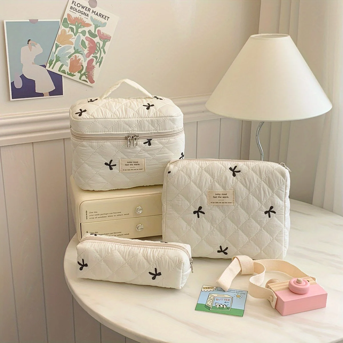 3pcs sets Cute Bow Flower Quilted Makeup Bag Women Cosmetic Organizer Female Handbag Portable Toiletry Case For Travel 5