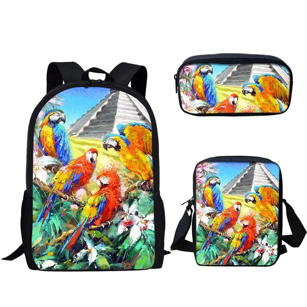 Harajuku Floral Parrot 3D Printing Backpack Student School Backpack, Laptop Backpack, Tilt Shoulder Bag, Pencil Case, Popular,