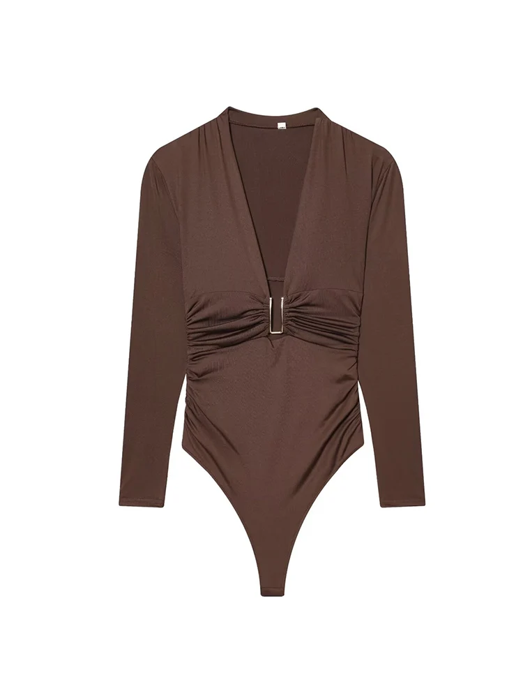Spring New Women Bodysuit Fashion Long Sleeve Deep V Neck Slimming Elegant Solid Color Shirt Top Chic Folds Decoration Bodysuits