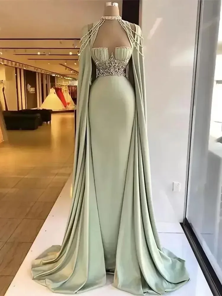 

Elegant Mermaid Evening Dresses With Detachable Cape Beaded Crystal Formal Prom Gowns Custom Made Plus Size Pageant Wear Party