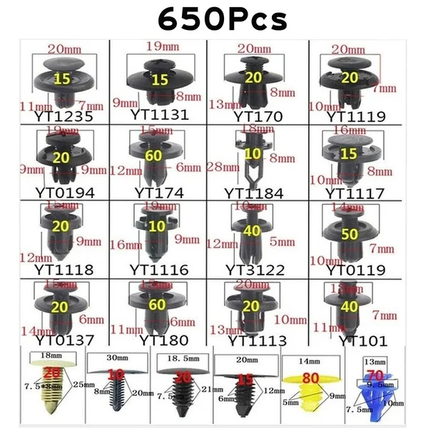 Kit de Clips de Fixation de Voiture, Clips de Tailles Mixtes Automobiles, 30 Outils, Garde-Boue de Carrosserie, exacpille de Retenue, Rivet, Réparation de Panneau de Garniture de Porte, 650 Pièces