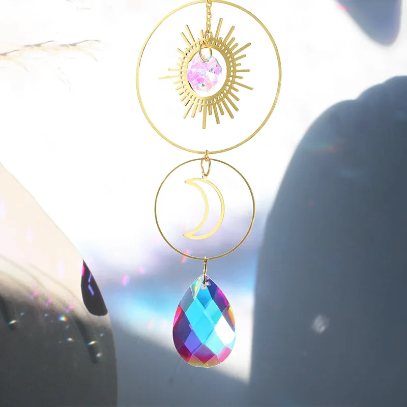 Crystal Wind Chimes with Star and Moon Sun Prism Ball Garden Decoration Piece