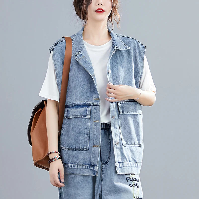 Women Denim Jacket Sleeveless Spring Loose Tops Solid Pockets Vest for Women Casual Coats