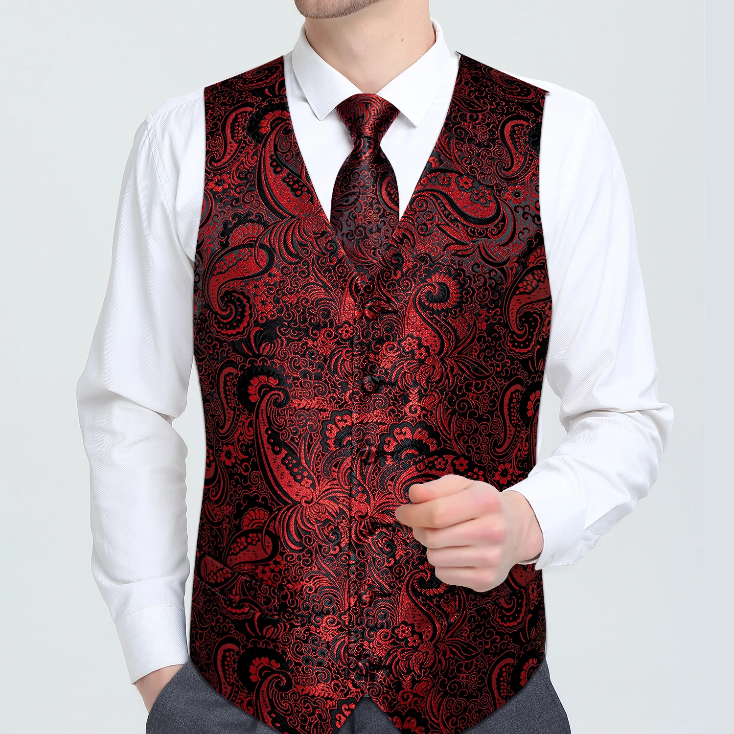 casual blazer Classic Men's Red Wedding Vests Silk Vintage Paisley Formal Dress V Neck Waistcoat Tie Ring Pocket Square Cufflinks 5pc Set blazer for men wedding