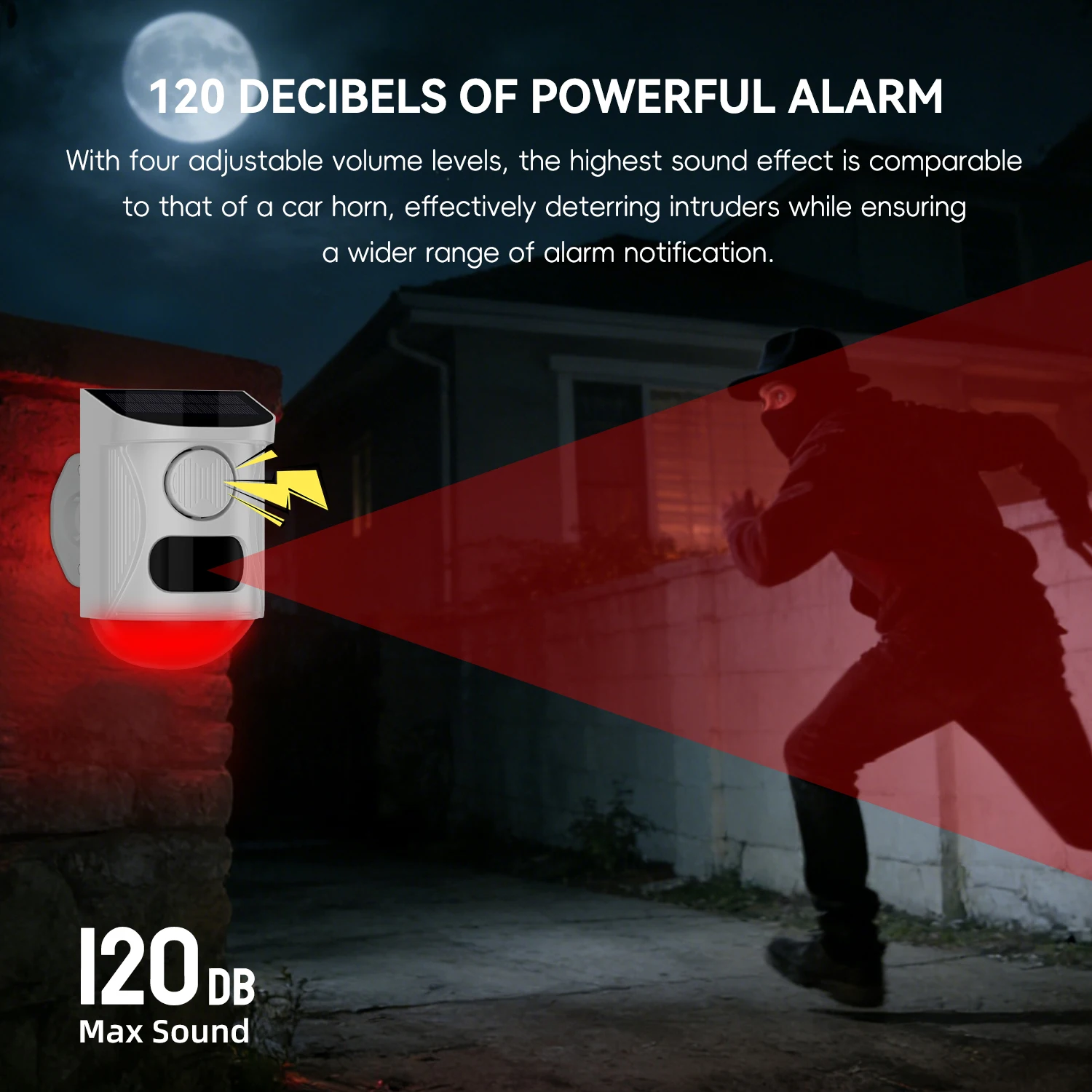 Solar-Powered Outdoor Alarm: Waterproof Motion Detector with 120dB Siren & Lights