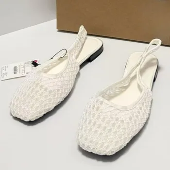 Woven Mesh Hollow Out Women Summer Shoes Square Toe Breathable Slip on Leisure Comfort Vacation Beach Flat Sandals for Ladies 1