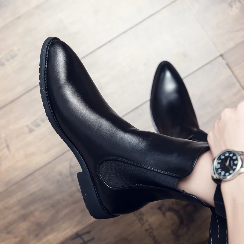 British Pointed Toe Leather Luxury Brand Chelsea Designer Boots Men Wedding Dress Formal Man Ankle Business Winter Elegant Shoes