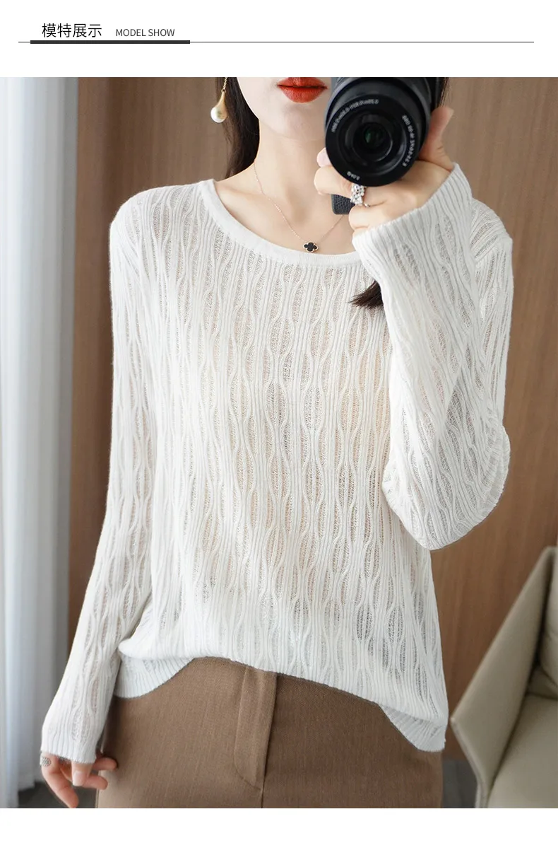 Autumn New Ladies Soft Breathable Sweater Wool Blend O-Neck Pullover Curved Hollow Out Knitted Sweater Slim-Fit Commuter Tops