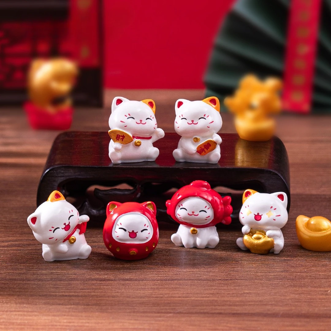 6/12pcs New Chinese Cartoon Maneki Neko Ornaments Animal Figurine Lucky Cat Model Good Luck Wealth Home Desktop Car Decoration 1