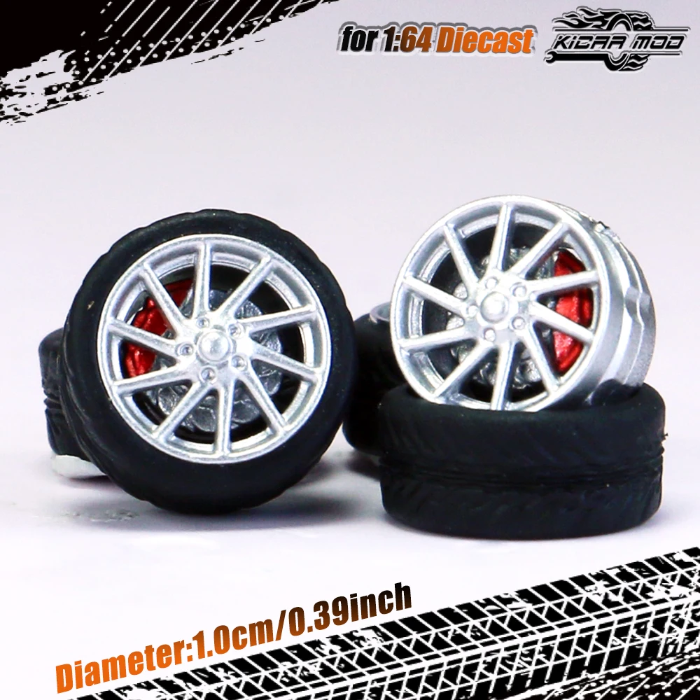 Kicarmod 1/64 Model Car ABS Wheels with Rubber Tire Brake Disc Refitting Parts Diameter 10mm For Model Car Tomica MINI GT