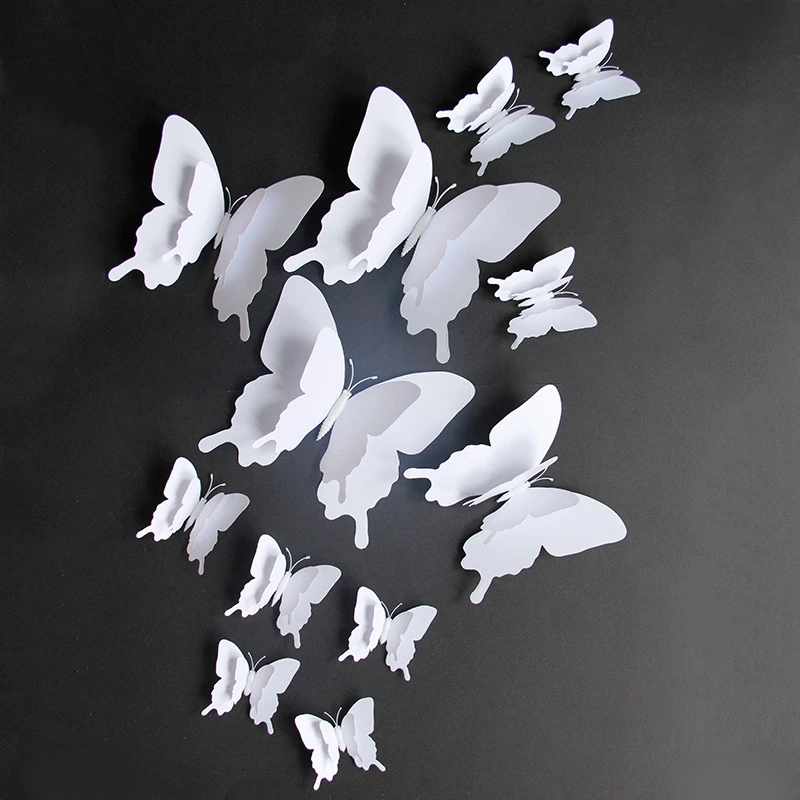 12pcsWhiteButterflyWallStickers3DDoubleLayerLargeSizeHomeDecorationButterflieson