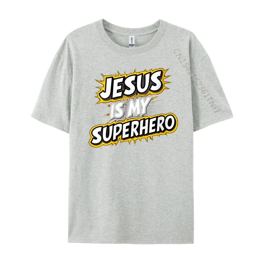 Round Neck Womens Jesus Is My Superhero 100% Cotton Fabric Women's T-shirts Birthday Short Sleeve Tees Discount Slogan Tees Womens Jesus Is My Superhero Christian God Religious Comic Boy _C16584 gray