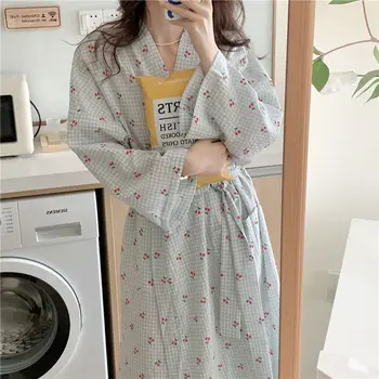 여성 봄 가을 기모노 목욕 가운, 여성 긴팔 잠옷, 프린트 잠옷, 아늑한 잠옷, 달콤한 귀여운 잠옷, 소녀 드레싱 가운