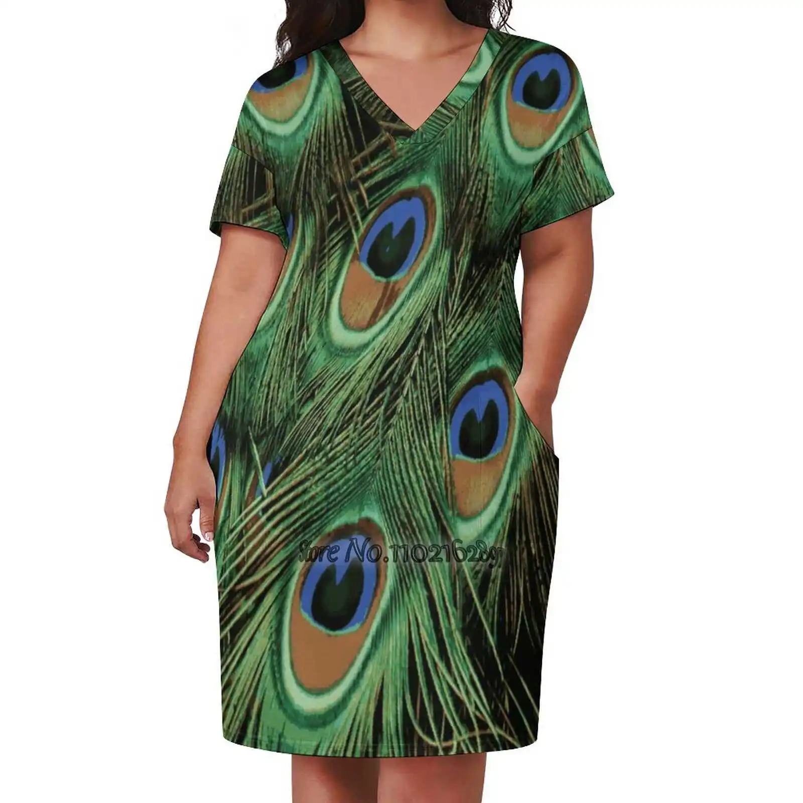 

Peacock Feathers Pop Art Sexy V-Neck Dress Fashion Casual Printed High Quality Short Sleeve Skirt 5Xl Peacock Feathers Pop Art