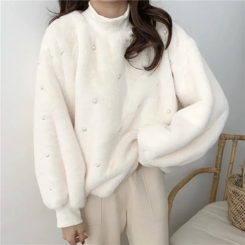Thick Furry Pullover Women Autumn Winter Soft Warm Mohair Loose Sweet Retro Pearl Mink Tops New Tops White Coffee Khaki New 2021