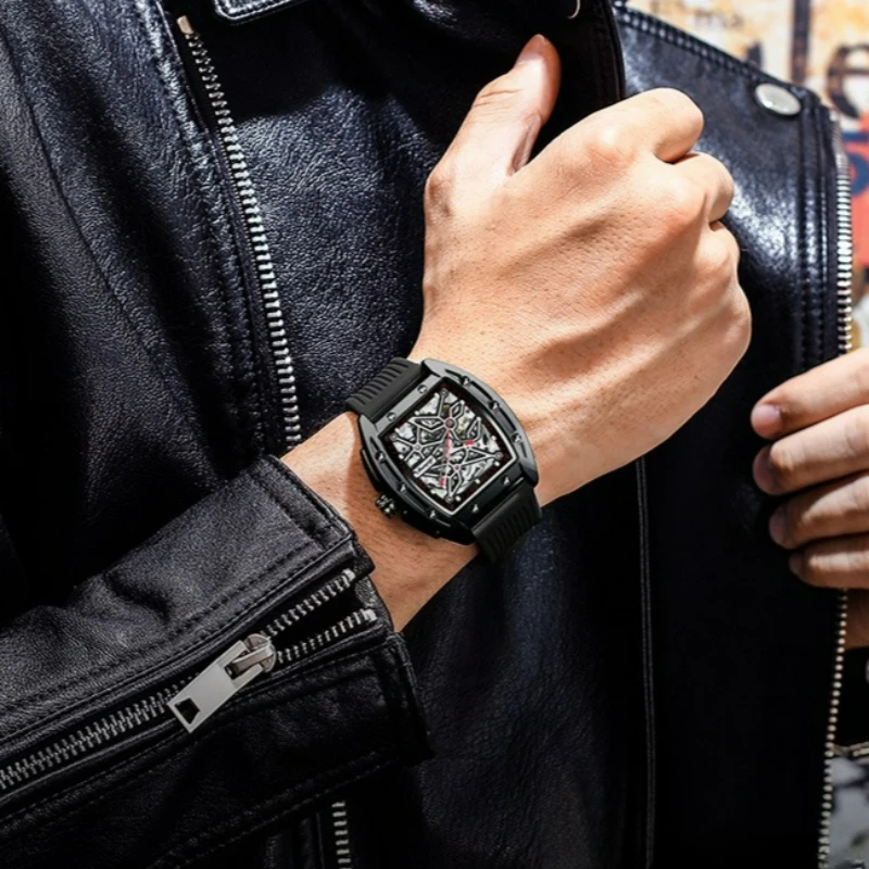 AILANG Herren Automatik-Mechanische Uhr - Tonneau Skelett-Zifferblatt 3ATM Wasserdicht Herrenuhr Leuchtende Gummiarmband Armbanduhr – Detail 10