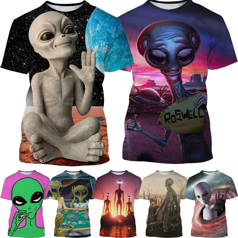

Men and Women Fashion Casual Short-sleeved Alien Funny Pattern T Shirt Extraterrestrial 3D Printed Streetwear T Shirt Top