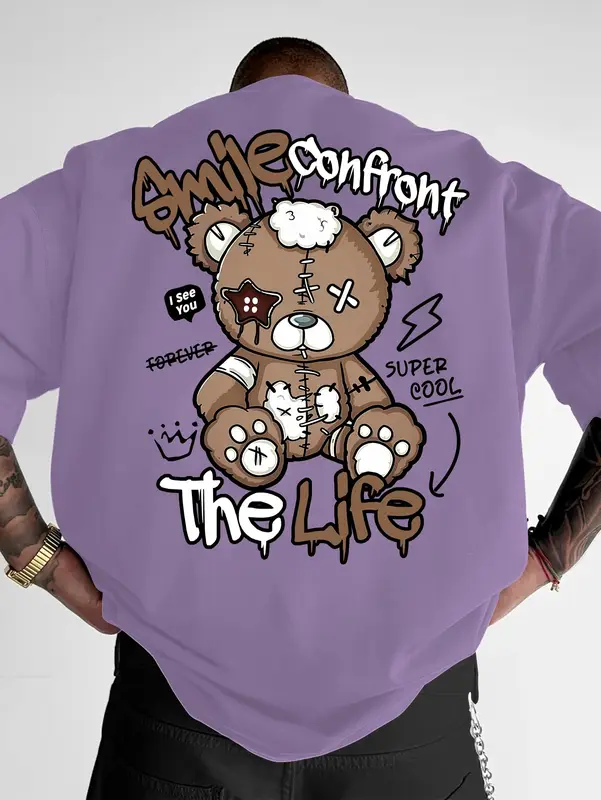 Summer new men's fashion style teddy bear letter print comfortable and breathable round neck T-shirt outdoor high street top - Image 3