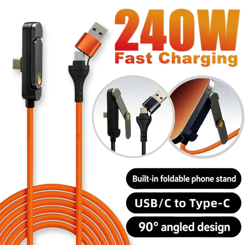 240W High-speed Charging Data Line Right Angle PD USB Type C To Type-C Cable with Built-in Phone Stand for IPhone Samsung Xiaomi 1