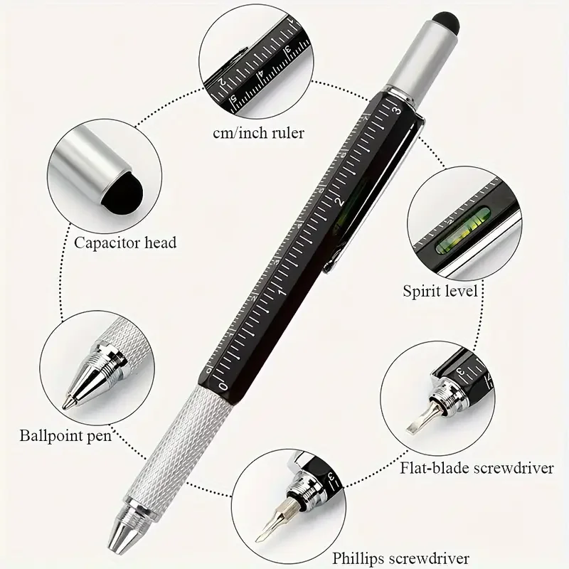Metal 7-in-1 Multi Tech Tool Pen with Screwdriver Ruler Level Gauge Ballpoint Pen Touch Screen Stylus for Men Engineers Gifts