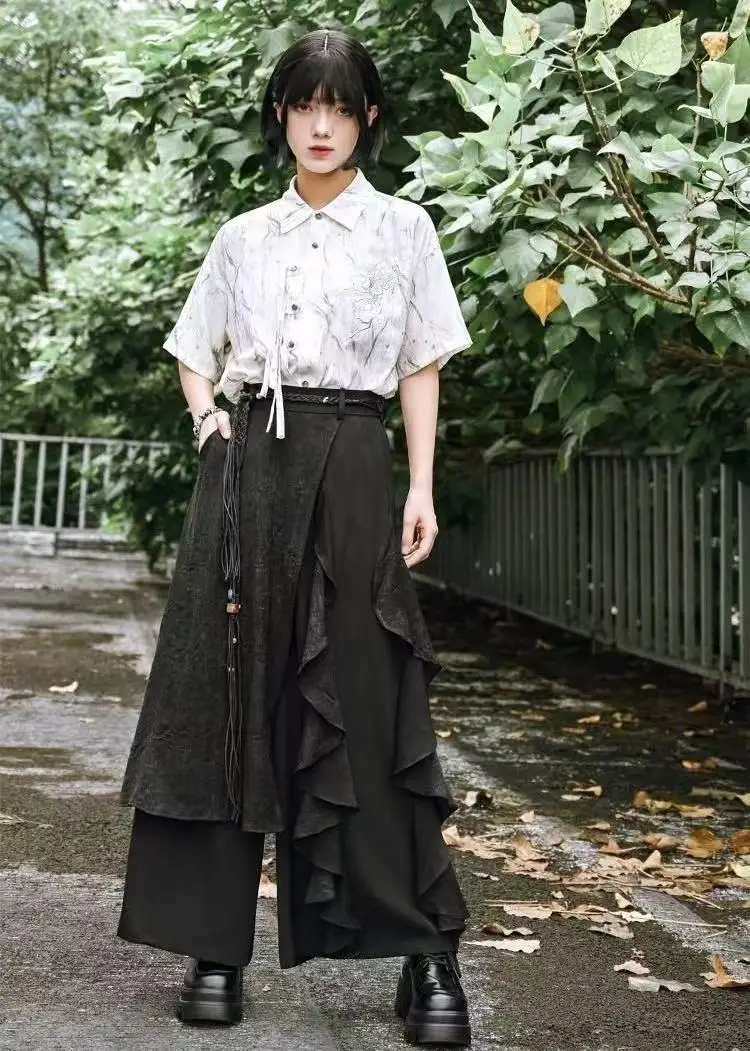 Bisex Dark Black Skirt Pants Men Women New Chinese Style Patchwork Double-layer Wide Leg Pants Vintage Niche Fashion Culotte